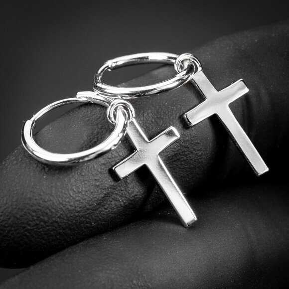 Solid White Gold Plated Sterling Silver Dangle Cross Huggie Hoop Earrings - Picture 1 of 8